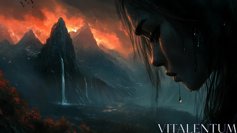 Profile of woman over volcanic mountains and waterfall.