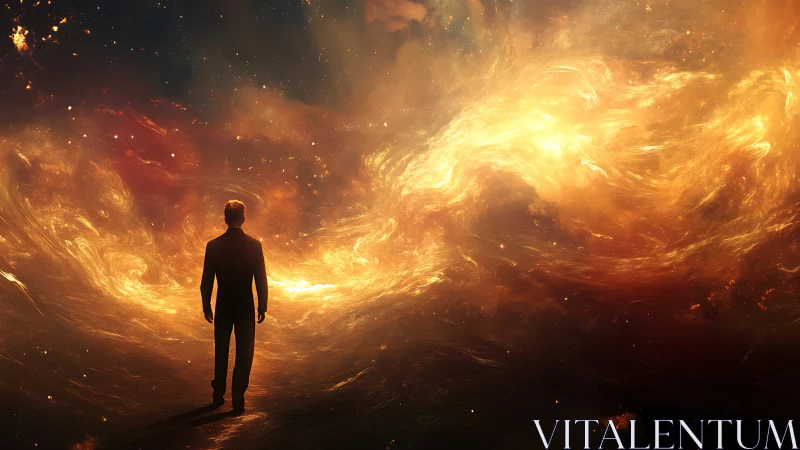 Digital painting of lone figure before cosmic fire vortex.