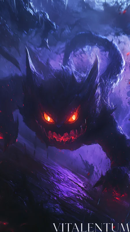 Digital painting of demonic feline entity in neon chiaroscuro.