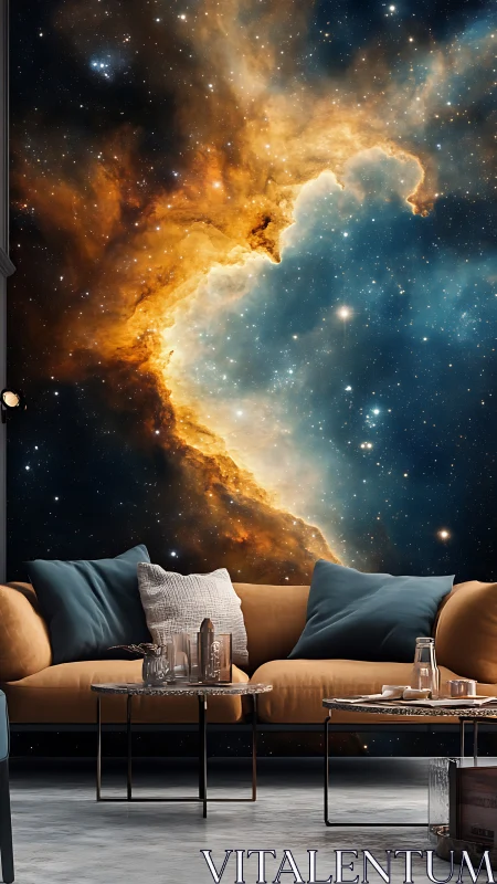Photorealistic nebula wall mural in contemporary lounge interior.