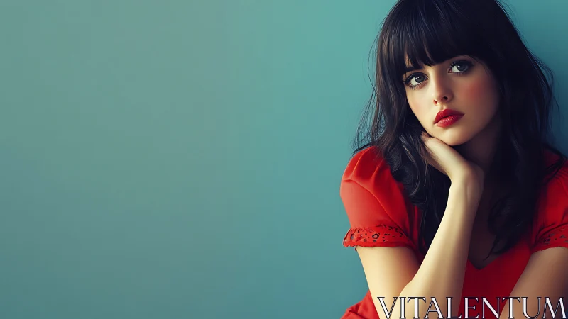 Woman in red blouse sits against teal wall, looking ahead