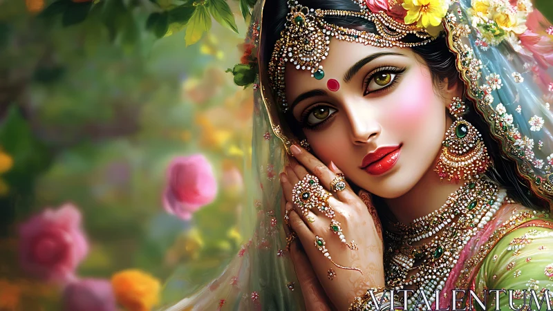 Digital portrait of jeweled bride amid soft floral bokeh.
