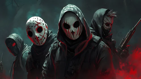 Hooded masked strike team in red accented urban fog