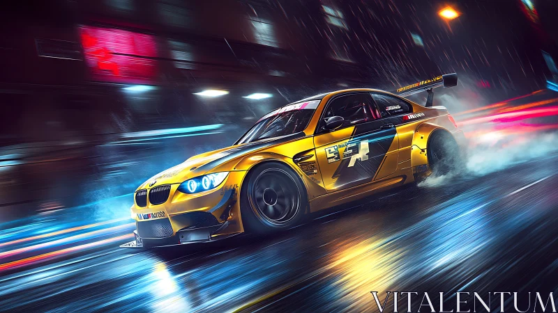 Golden drift race car slicing through neon night rain.