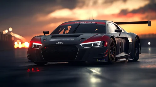 Audi GT race car on wet track at dramatic sunset.