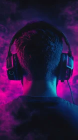 Neon-drenched listener adrift in a vaporwave soundscape.