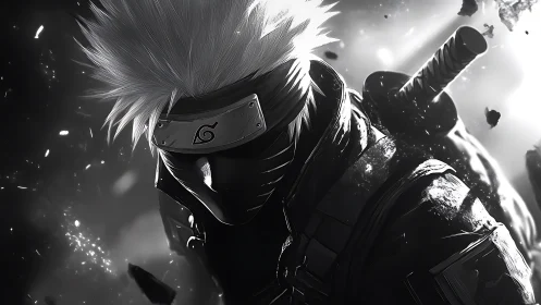 Masked white-haired ninja in dramatic grayscale battle scene.