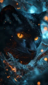 Black Cat with Glowing Eyes in Blue and Orange Light.