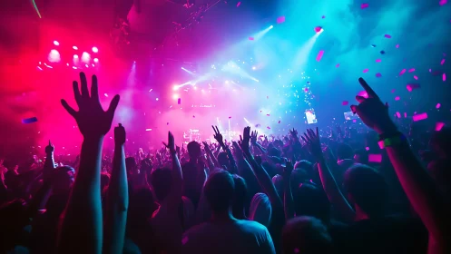 Crowd raises hands toward bright concert stage lighting