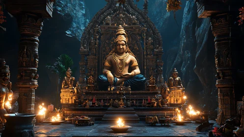 Golden deity statue dominates firelit cavern shrine