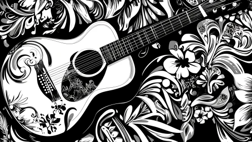 Floral guitar dreams in bold black and white rhythm.