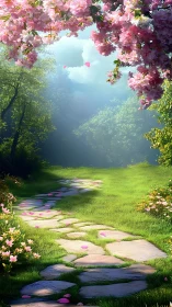 Blossom-draped garden path drifting into springlight dreams.