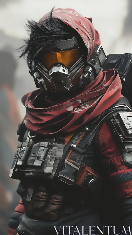 Hooded sci fi scout in red tactical armor, misty backdrop.
