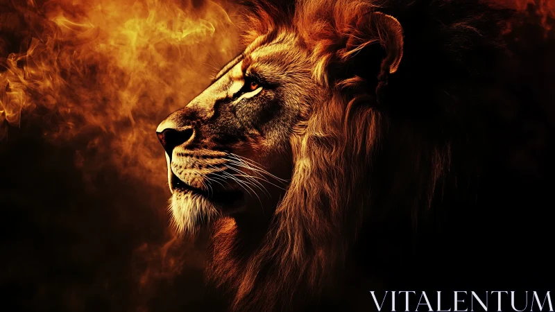 Lion profile in warm fiery light against dark background.