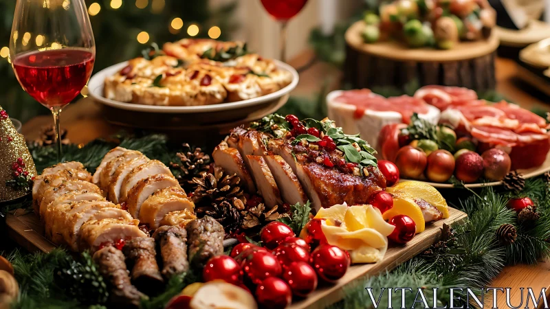 Holiday roast orchestra sings beside sparkling red wine