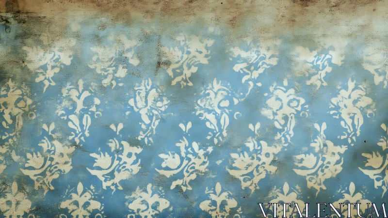 Vintage blue damask wall with distressed faded texture.