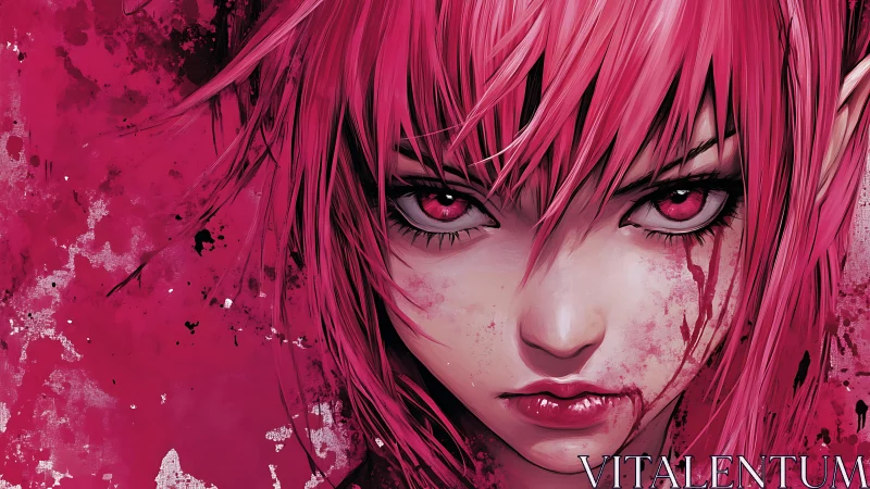 Bloodstained pink haired anime elf girl intense portrait.