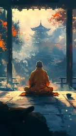 Quiet temple morning with a monk resting in gentle light.