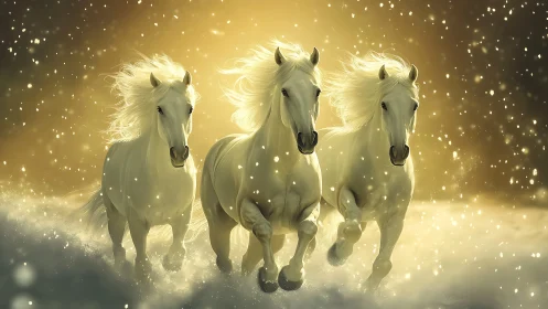 White horses running through illuminated snowfield at dusk.