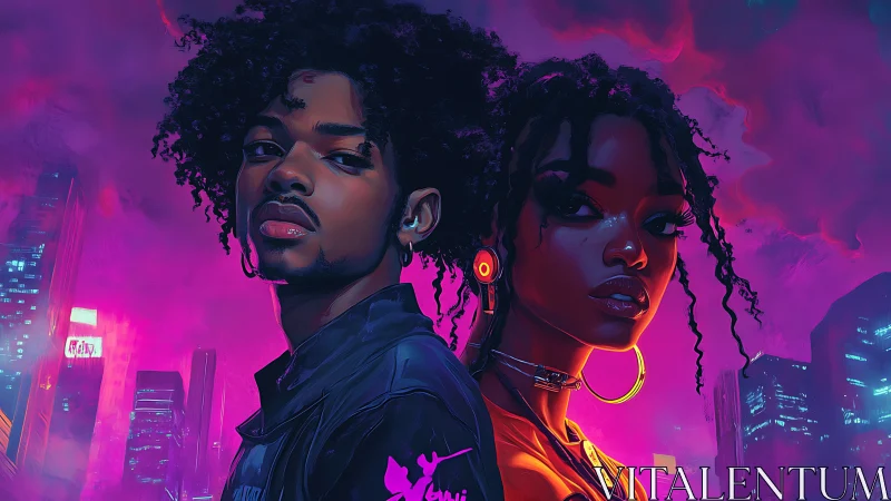 Neon-lit cyberpunk duo in vaporwave night-city composition.