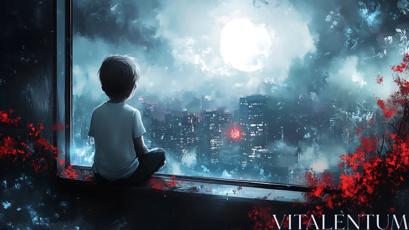 Luminous nocturne: solitary child at window over neon skyline.