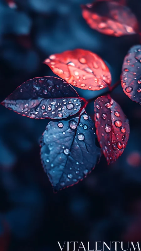 Dewlit crimson and teal leaves in moody macro focus.