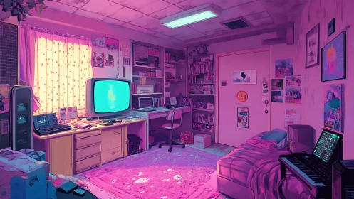 Neon-lit retro bedroom studio with CRT display and synth workstation