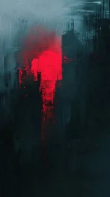 Crimson sun rising through misty shadows of the city.