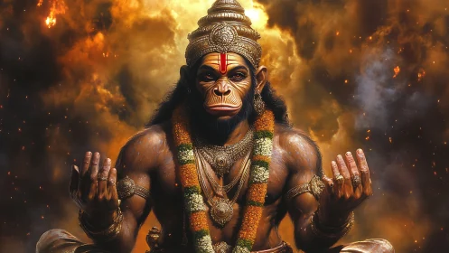 Flame crowned monkey deity meditates in storm of embers.