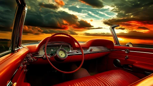 Sunset-drenched classic dashboard cruises through painted sky