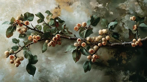 Realistic branch with yellow fruits in painterly botanical style.