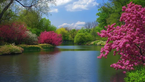 Spring blossoms glow beside a tranquil blue lakeside