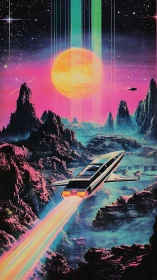 Neon starship glides toward a glowing sun over cosmic cliffs