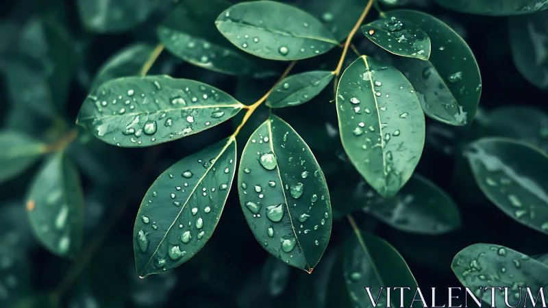 Rain-kissed green leaves glow with fresh morning stillness.