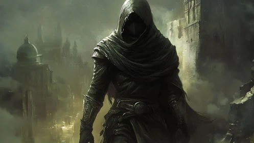 Hooded rogue advances through misted ruins in muted chiaroscuro