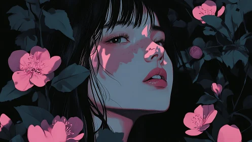 Nocturnal portrait with magenta blossoms and cinematic light.