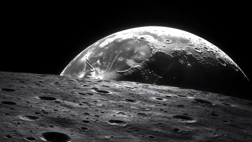 Lunar surface foreground with partially illuminated Earth horizon.