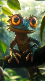 Big-eyed jungle gecko gazes through emerald morning light.