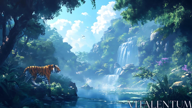Tiger observes misty multi-tier waterfall in lush digital jungle