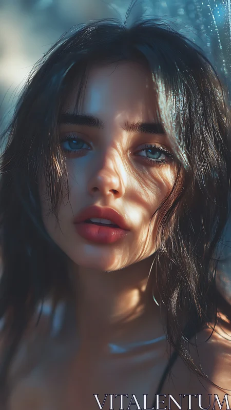 Sunlit portrait of blue eyed woman in cinematic close up.