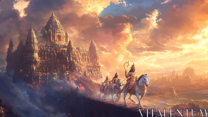 Warrior procession on white horses exits monumental temple fortress