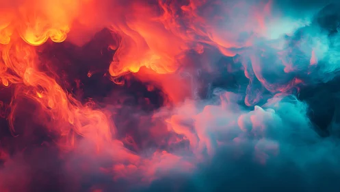 Contrasting red and cyan volumetric clouds occupy the frame