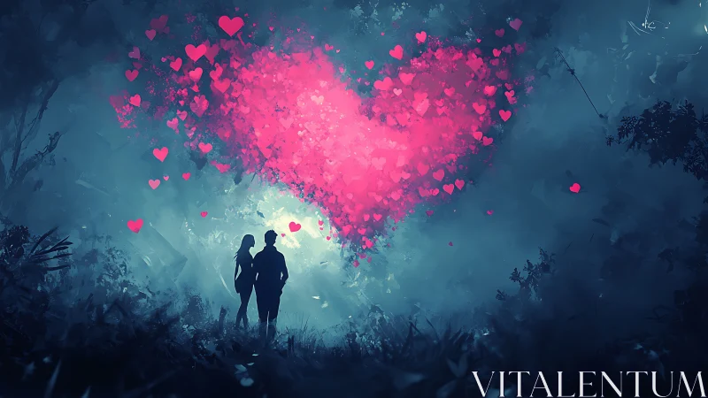 Silhouetted couple beneath massive pink heart cloud formation
