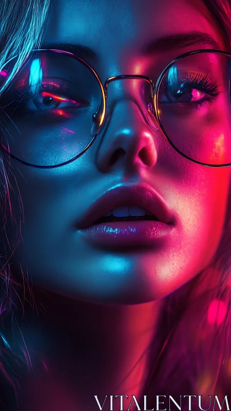Neon rim-lit female portrait with reflective glasses closeup