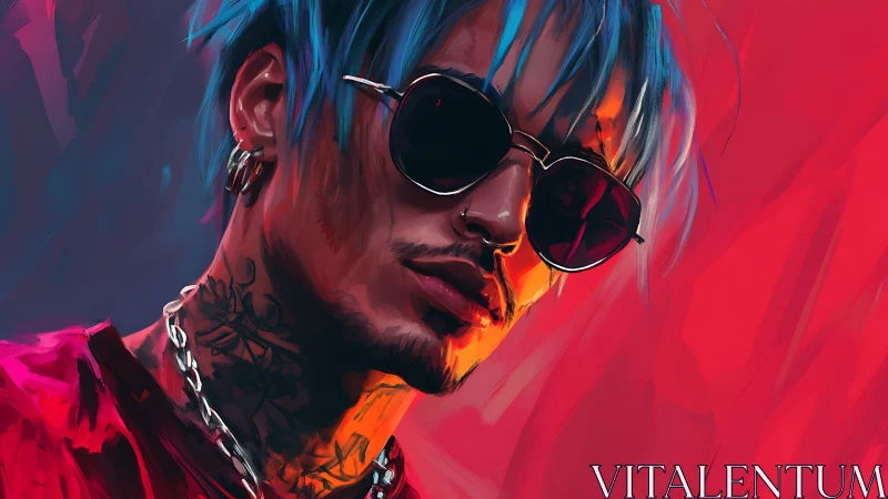Neon-lit portrait of tattooed man with blue hair and shades