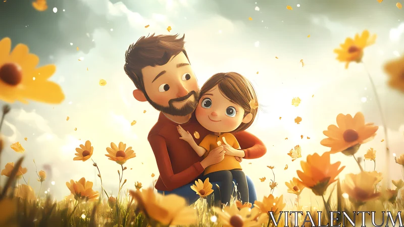 Father and Child in Luminescent Floral Field Composition.