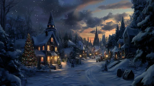 Snow-covered village street is illuminated by warm window light