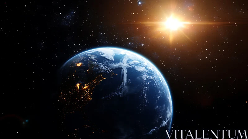 Rendered view of sunlit Earth hemisphere against star field