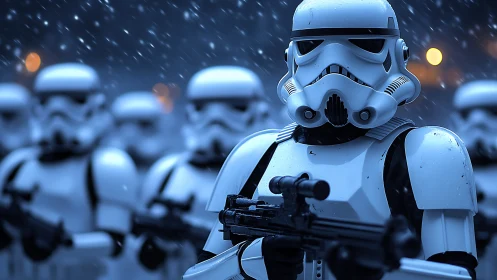 Photorealistic stormtrooper phalanx in cinematic snowfall scene.