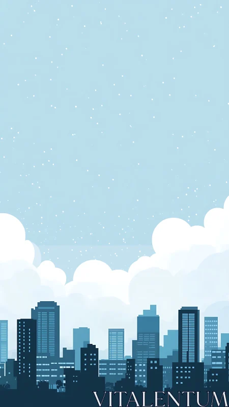 Stylized blue city skyline under cloudy, lightly speckled sky
